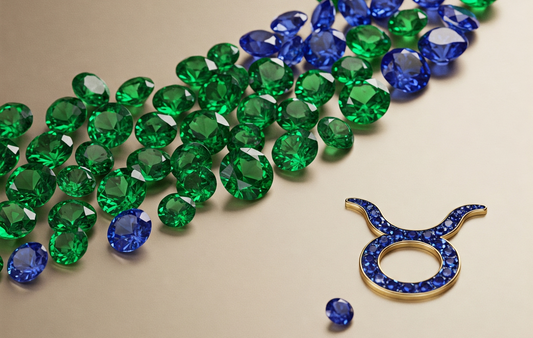 Un'elegante composizione di smeraldi verdi vibranti e zaffiri blu intenso che formano un disegno curvo, con un simbolo astrologico del Toro delineato in oro e ornato di gemme blu in primo piano.