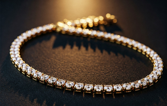 Collana tennis elegante con diamanti taglio brillante su sfondo lussuoso.