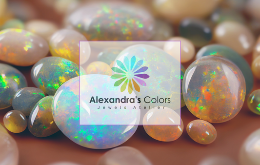 Primo piano di opali colorati sparsi su una superficie con un logo in sovrimpressione.