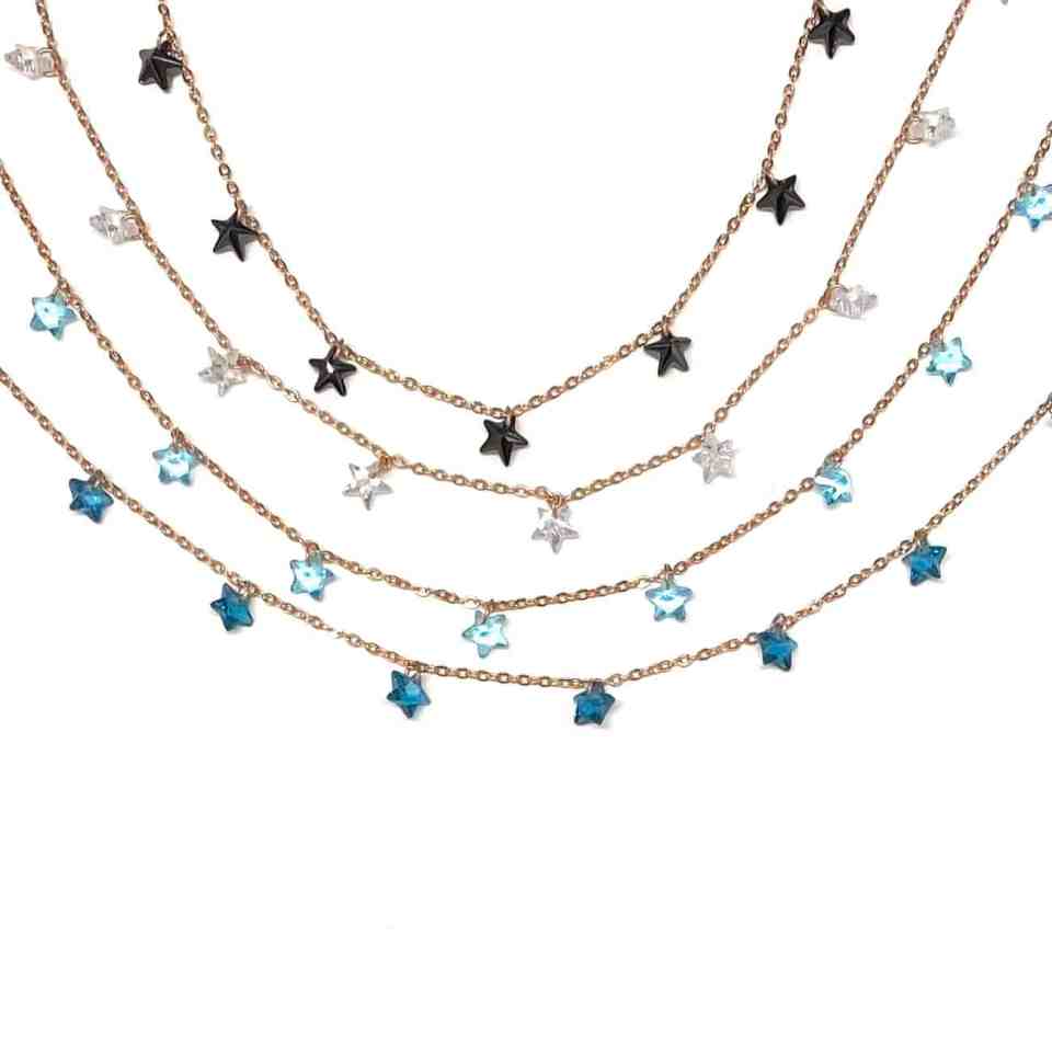 Collana con Stelline In Zircone Multiciondolo, Argento S925