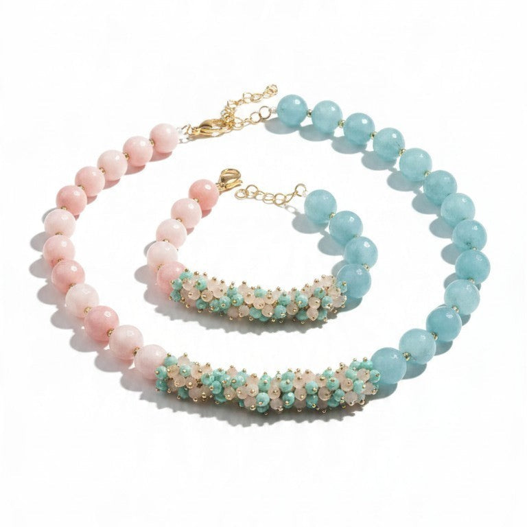 Set Parure Collana e Bracciale in Pasta di Turchese, Grappoli e Quarzo Rosa