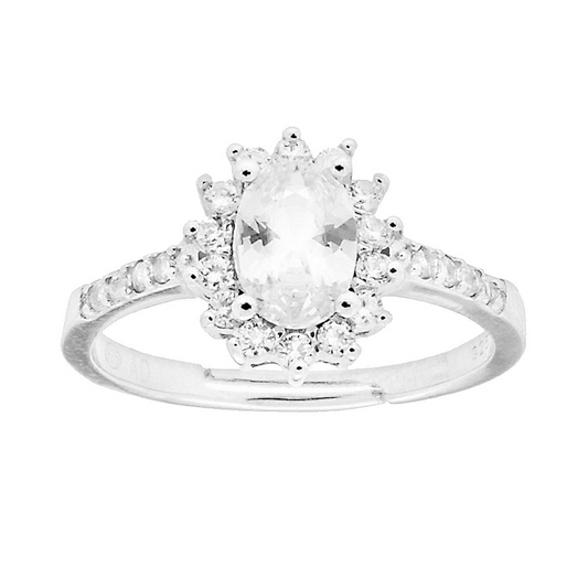 Anello in argento con un'opale ovale circondata da pietre scintillanti.