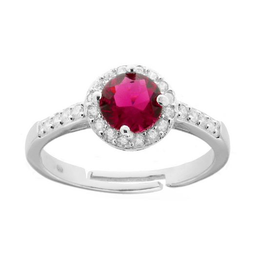 Anello regolabile in argento con gemma di rubino circondata da zirconi bianchi.