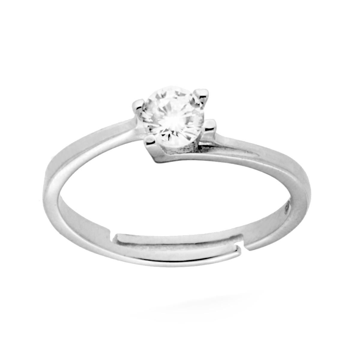 Anello solitario in argento con zircone a taglio brillante, regolabile.