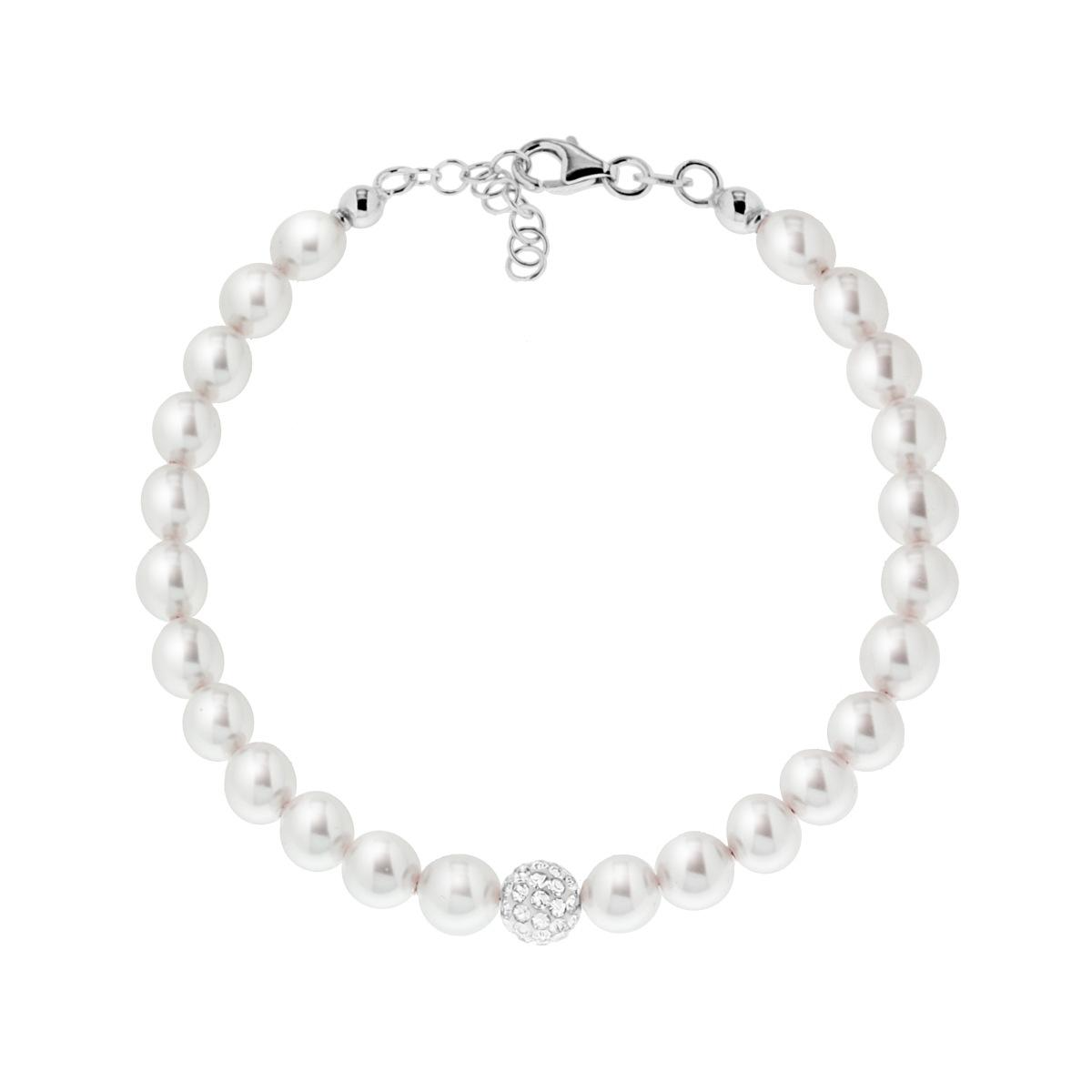 Bracciale in perle bianche con una sfera centrale in pavé di zirconi e chiusura a moschettone in argento.