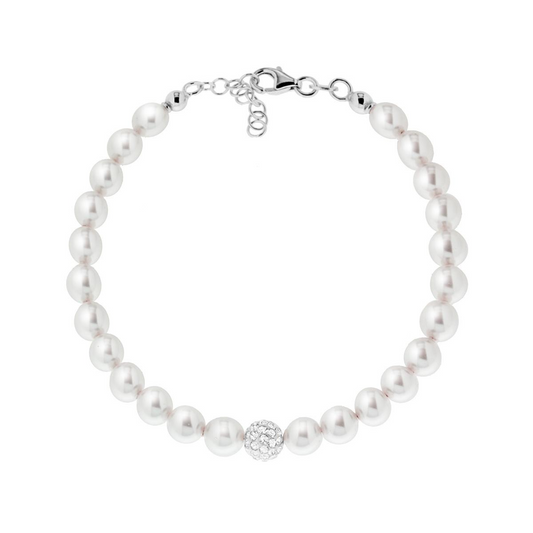 Bracciale in perle bianche con una sfera centrale in pavé di zirconi e chiusura a moschettone in argento.
