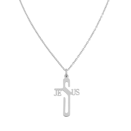 Collana in argento con ciondolo a forma di croce e la scritta "JESUS".