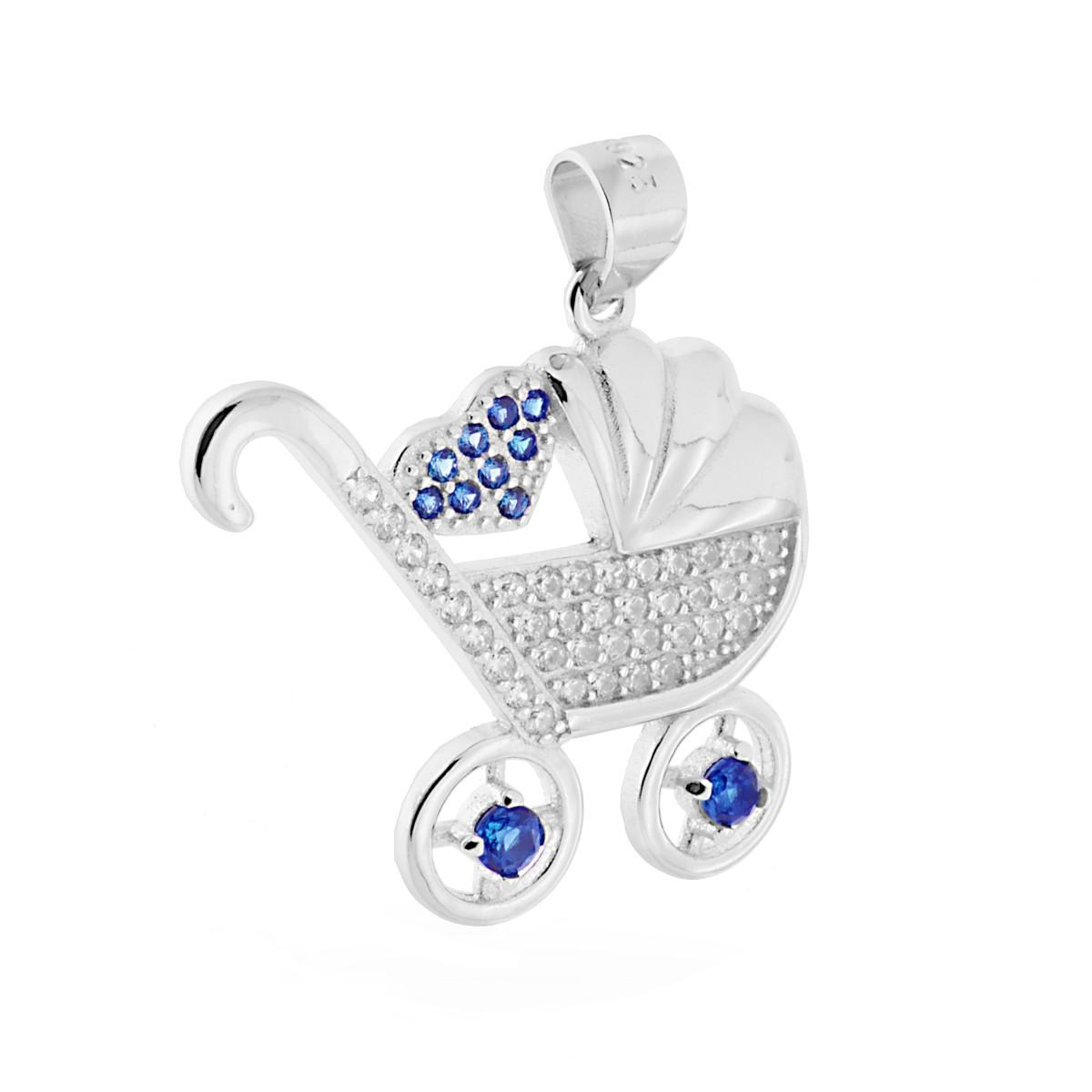 Ciondolo a forma di carrozzina in argento con zirconi bianchi e blu.