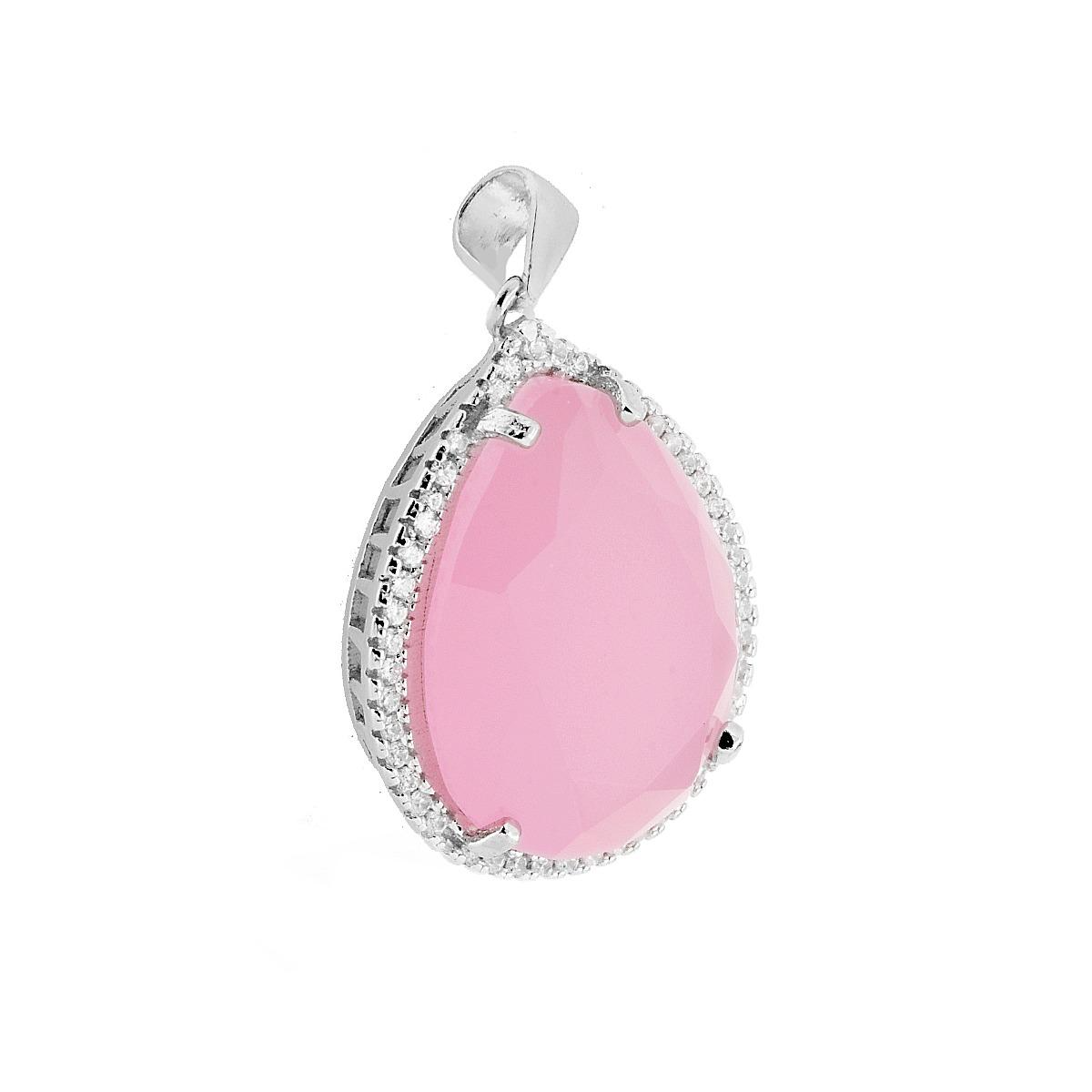 Ciondolo a goccia in argento con pietra rosa e contorno di zirconi.