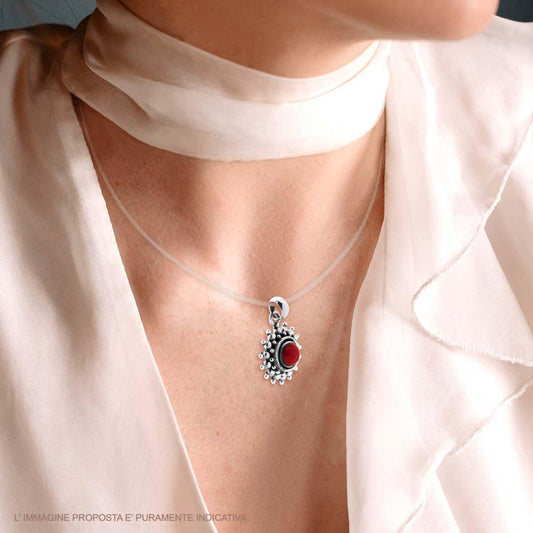 Ciondolo Etnico Thailandese Sole con Pietra Corallo, Argento s925