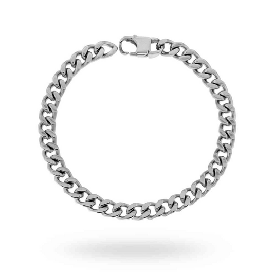Bracciale a catena in acciaio inossidabile con maglie a cordolo, su sfondo bianco.