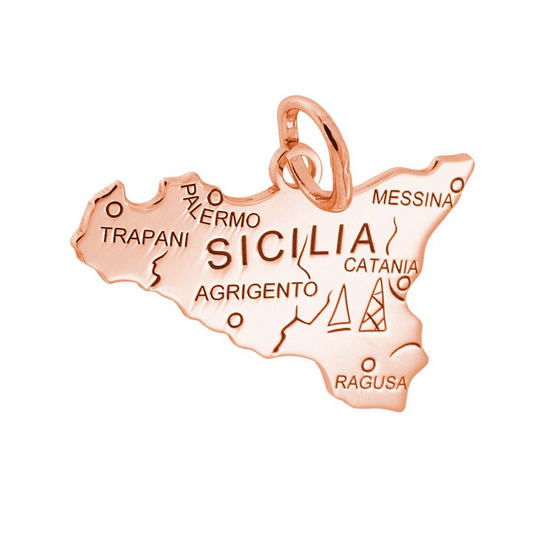 Ciondolo a forma di Sicilia con nomi delle città e dettagli.
