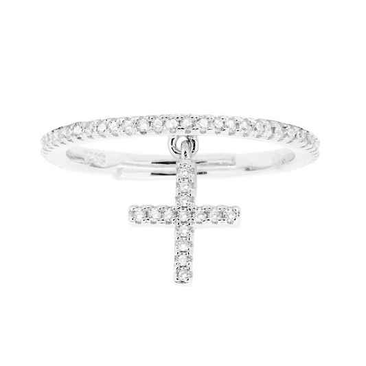 Anello in argento con croce pendente decorata con zirconi.