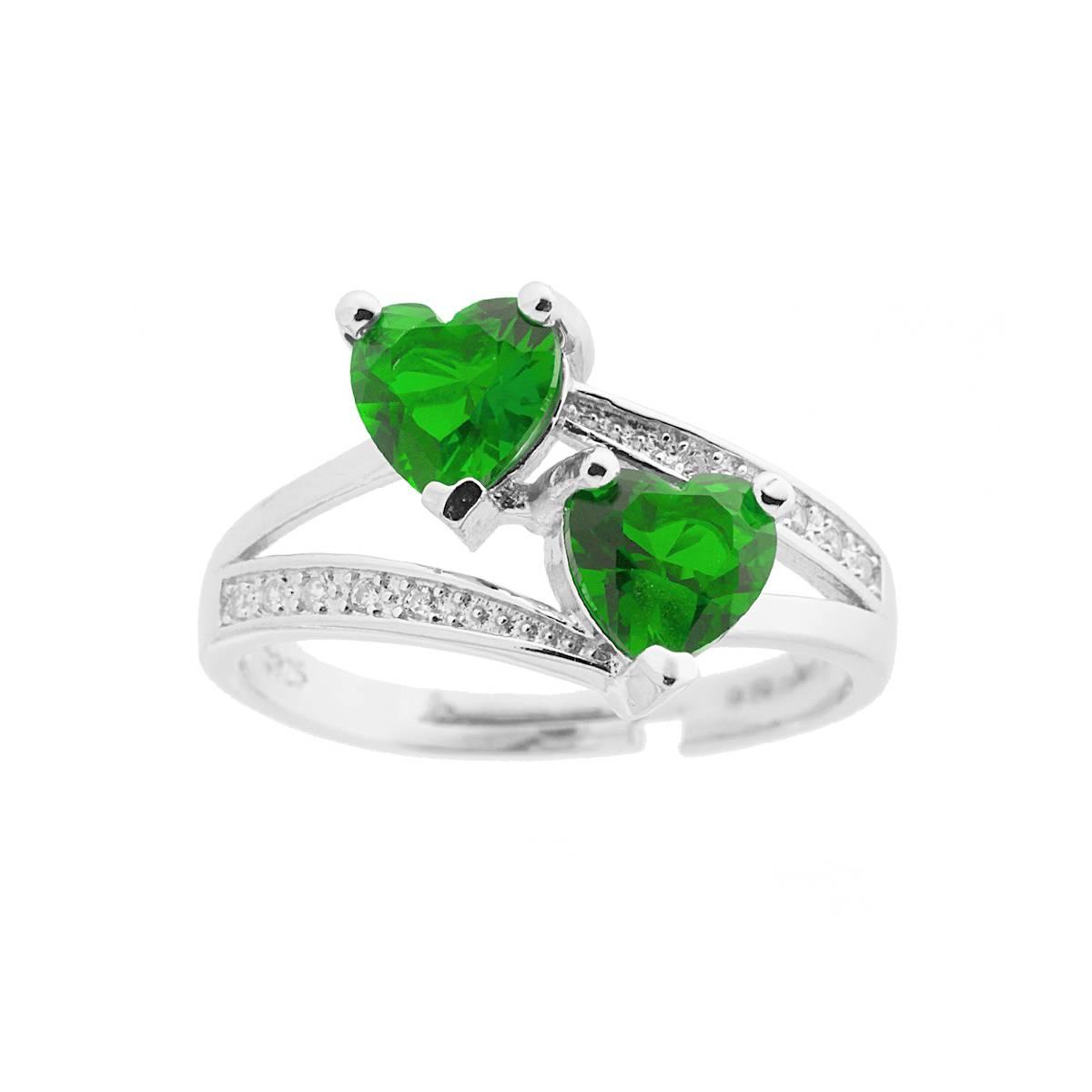 Anello in argento con due cuori di smeraldo verdi e diamanti.