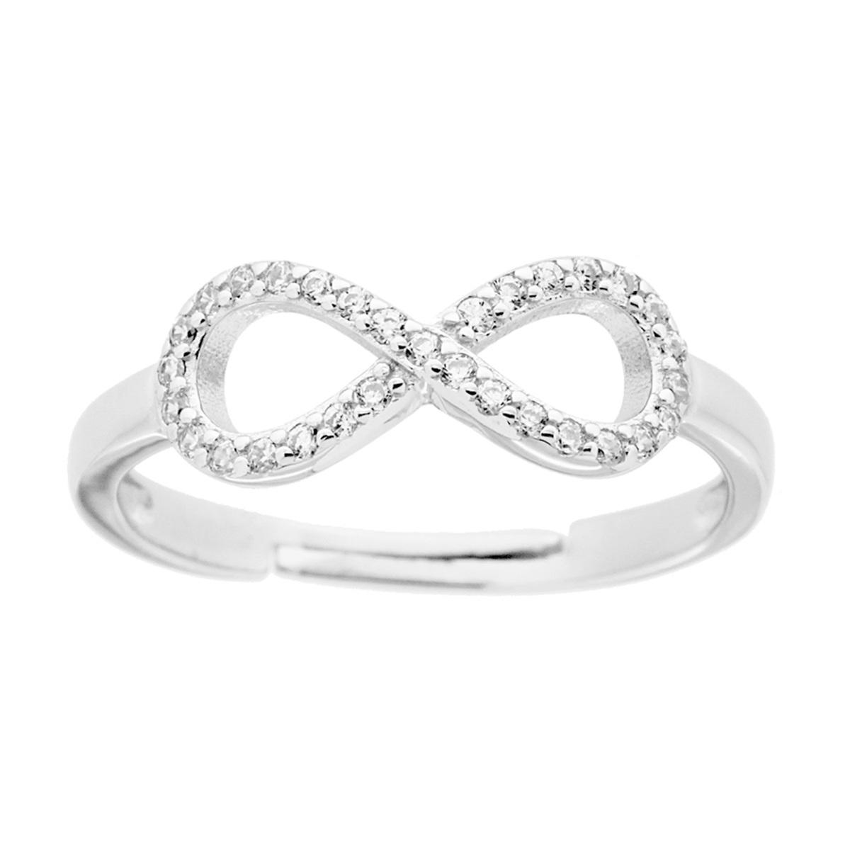 Anello regolabile in argento con simbolo dell'infinito, incastonato con zirconi bianchi.