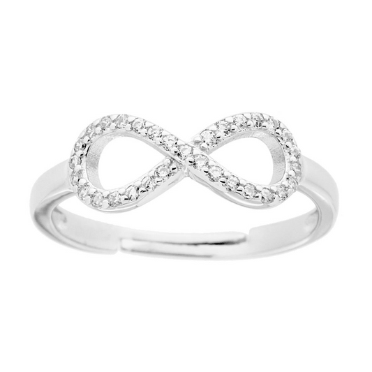 Anello regolabile in argento con simbolo dell'infinito, incastonato con zirconi bianchi.