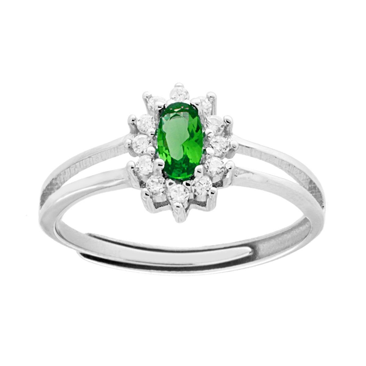 Anello a margherita con pietra centrale verde ovale e contorno di pietre bianche, montatura in argento.