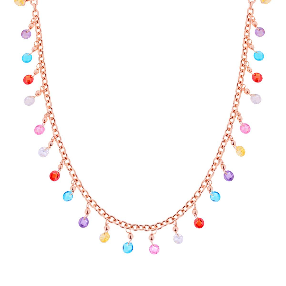 Collana in oro rosa con ciondoli a goccia di zirconi multicolore, su sfondo bianco.