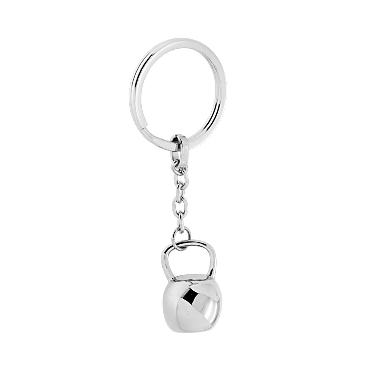 Portachiavi in metallo con ciondolo a forma di kettlebell, su sfondo bianco.