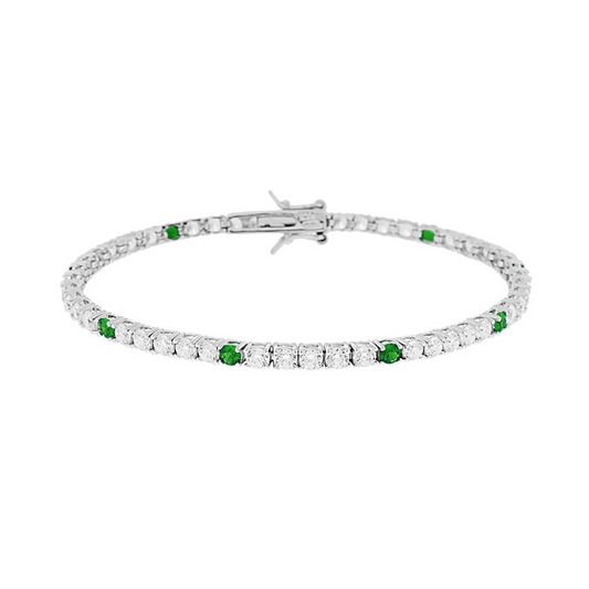 Bracciale a tennis in argento con zirconi bianchi e verdi.