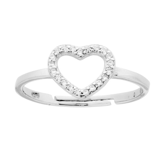 Anello regolabile in argento con cuore a contorno tempestato di zirconi.