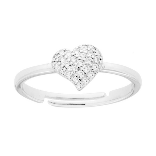 Anello regolabile in argento con cuore tempestato di zirconi.
