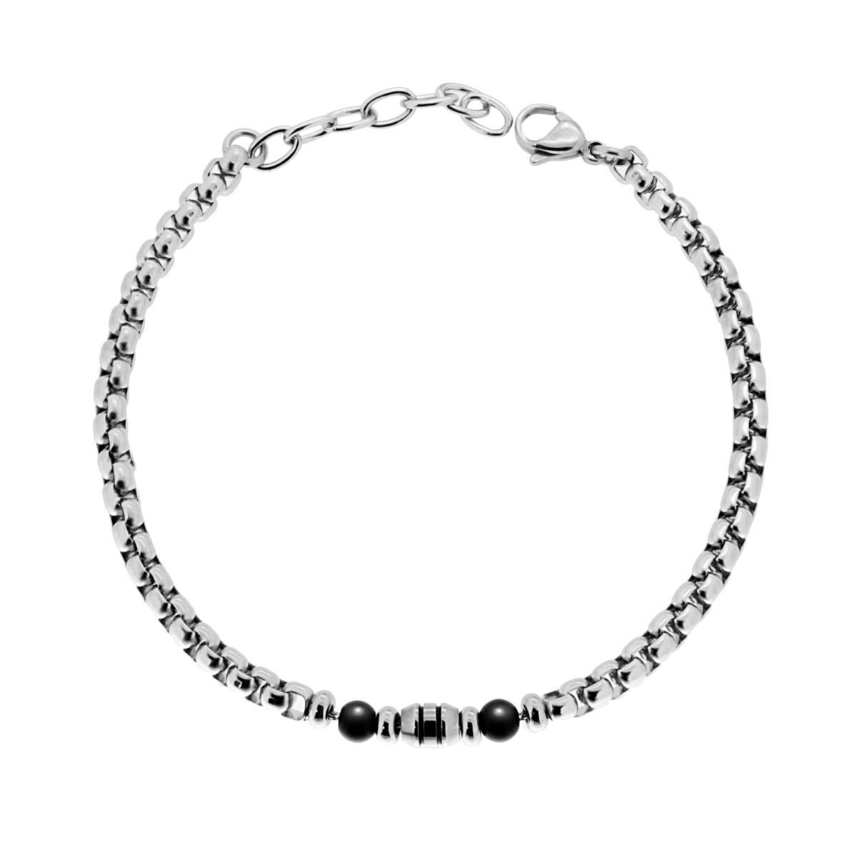 Bracciale a catena in acciaio con perline nere e elementi decorativi.