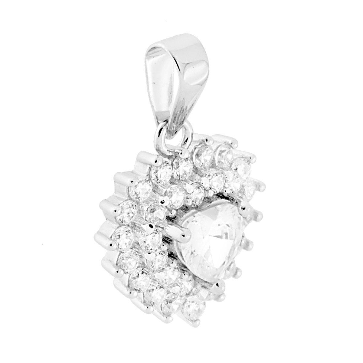 Ciondolo a cuore in argento con zirconi, taglio a cuore centrale e una corona di zirconi più piccoli.