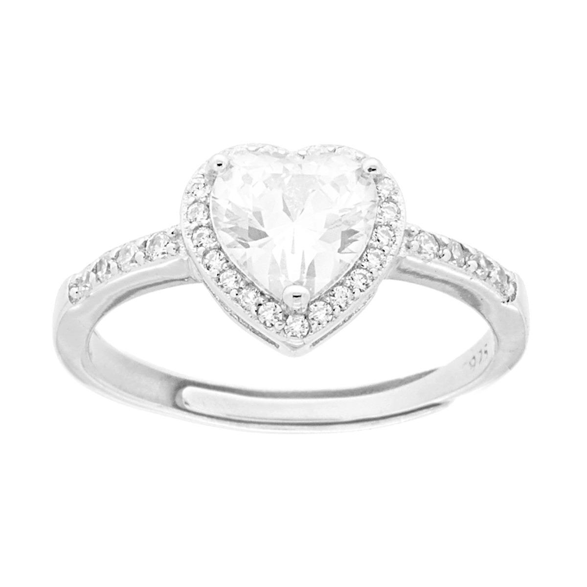 Anello in argento con un grande cuore centrale di zircone bianco e un contorno di piccoli zirconi, e altri sui lati.