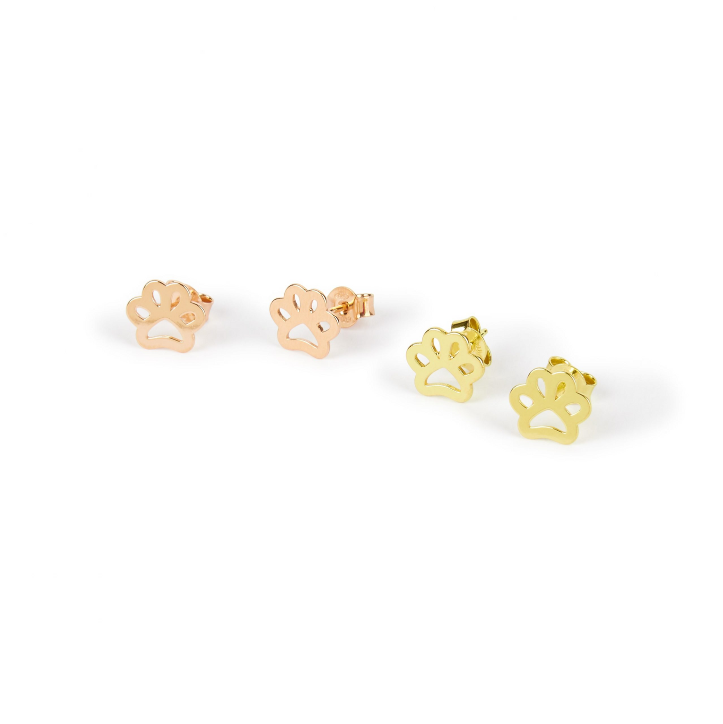 Orecchini a perno a forma di zampa di animale in due colori, oro rosa e oro giallo.