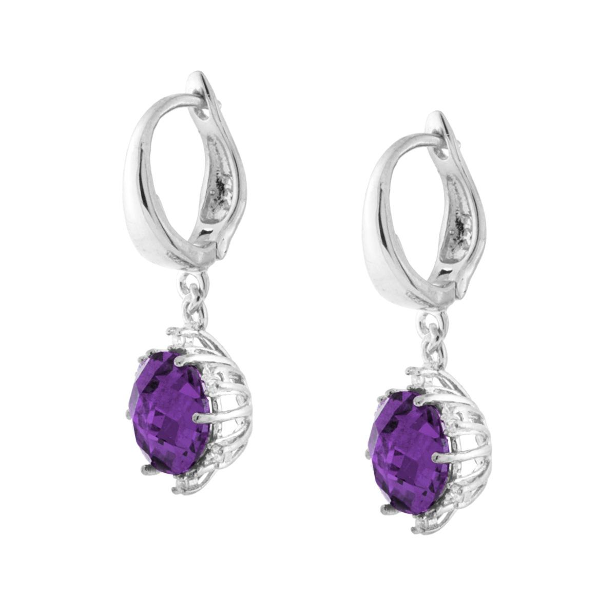 Orecchini pendenti in argento con ametiste ovali viola e piccoli diamanti incastonati.
