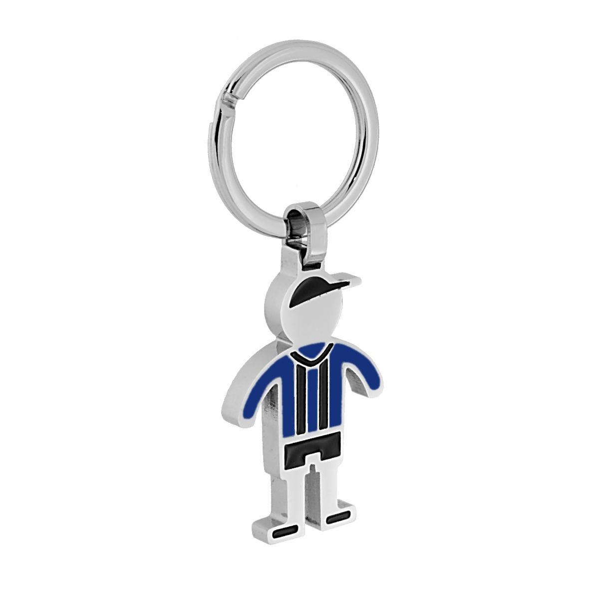 Portachiavi in metallo raffigurante un bambino che indossa la maglia a strisce blu e nere dell'Inter.