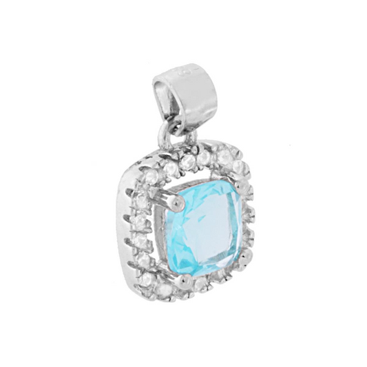 Ciondolo quadrato in argento con zirconi e pietra centrale azzurra.
