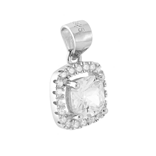 Ciondolo in argento con una grande pietra centrale quadrata circondata da zirconi, punzonato 925.