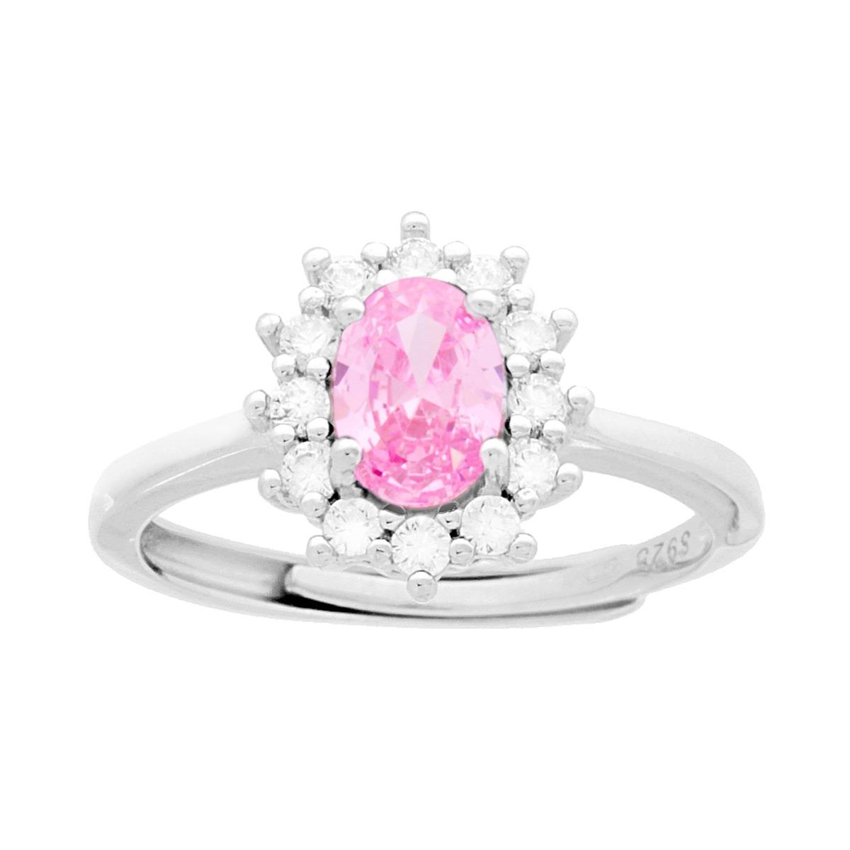 Anello in argento con pietra rosa centrale ovale e zirconi bianchi intorno.