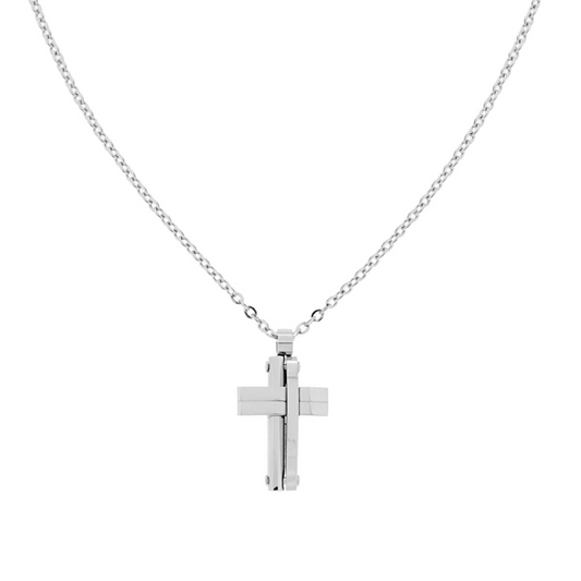 Collana con ciondolo a croce in metallo argentato.