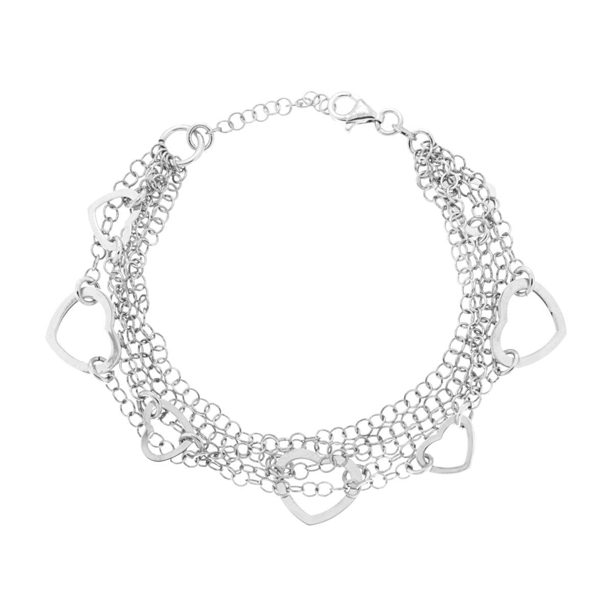 Bracciale a cinque fili in argento con ciondoli a cuore.