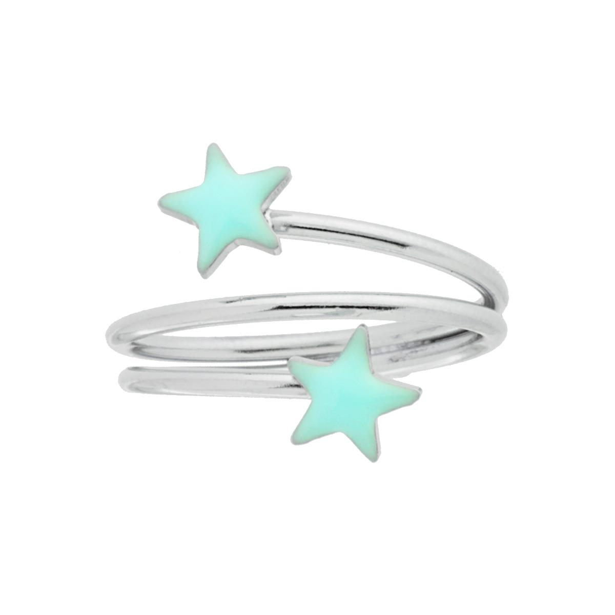 Anello a spirale in argento con due stelle smaltate color verde acqua.