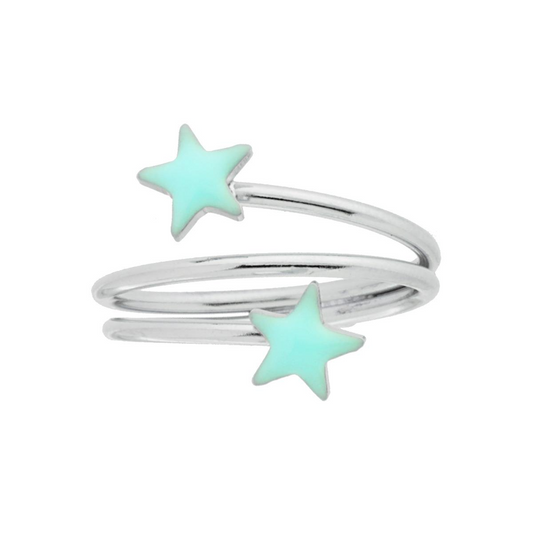 Anello a spirale in argento con due stelle smaltate color verde acqua.