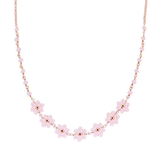 Collana in oro rosa con fiori di quarzo rosa e piccole perle.
