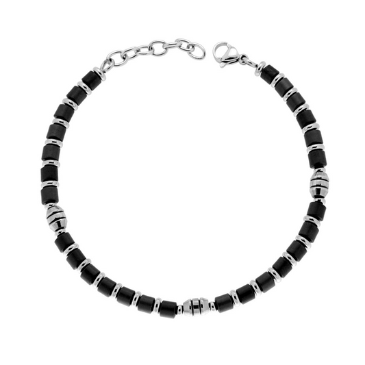 Bracciale da uomo con perle cilindriche nere e perle in acciaio, con chiusura a moschettone.