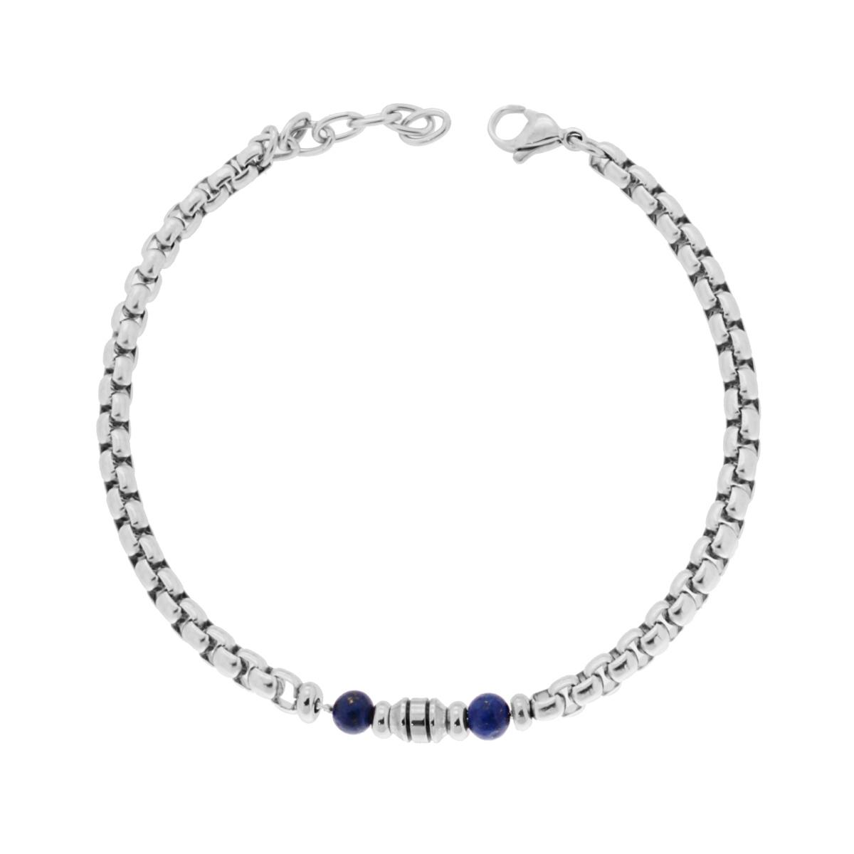 Bracciale da uomo in acciaio con maglia a catena e due perle in lapislazzuli.