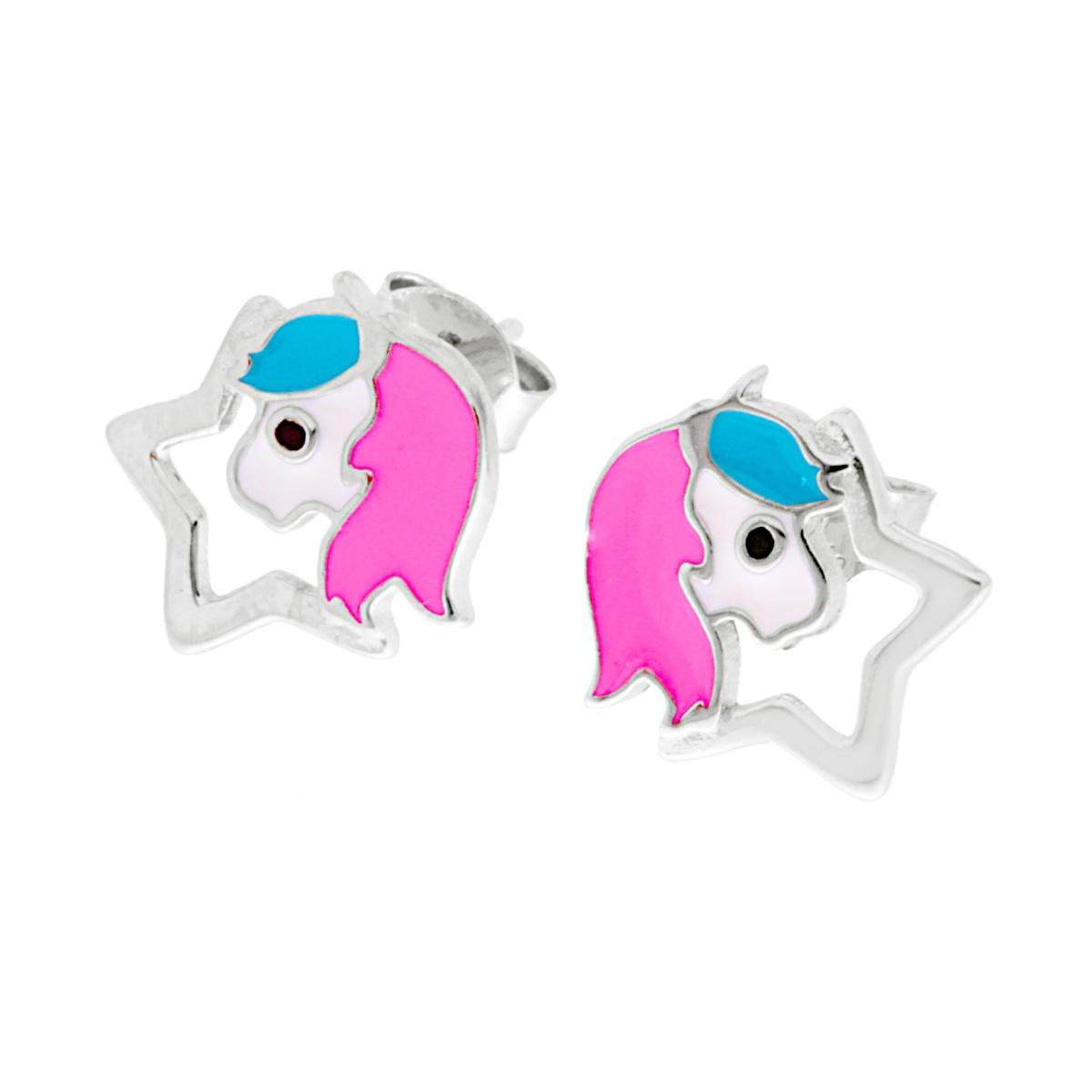 Orecchini a perno per bambini a forma di unicorno, con criniera rosa e corno blu, inseriti in una stella.