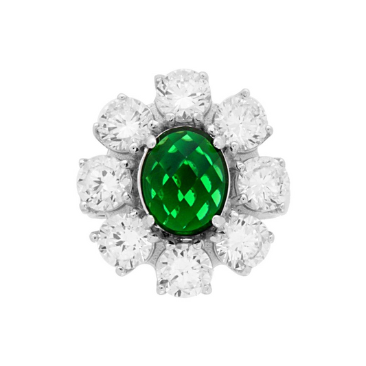 Monorecchino in oro bianco con smeraldo ovale centrale e diamanti a contorno a formare un fiore.