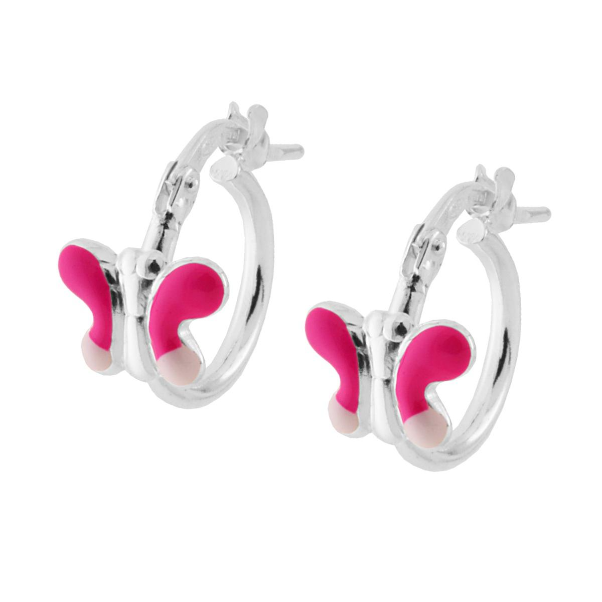 Orecchini a cerchio in argento con farfalle rosa smaltate.