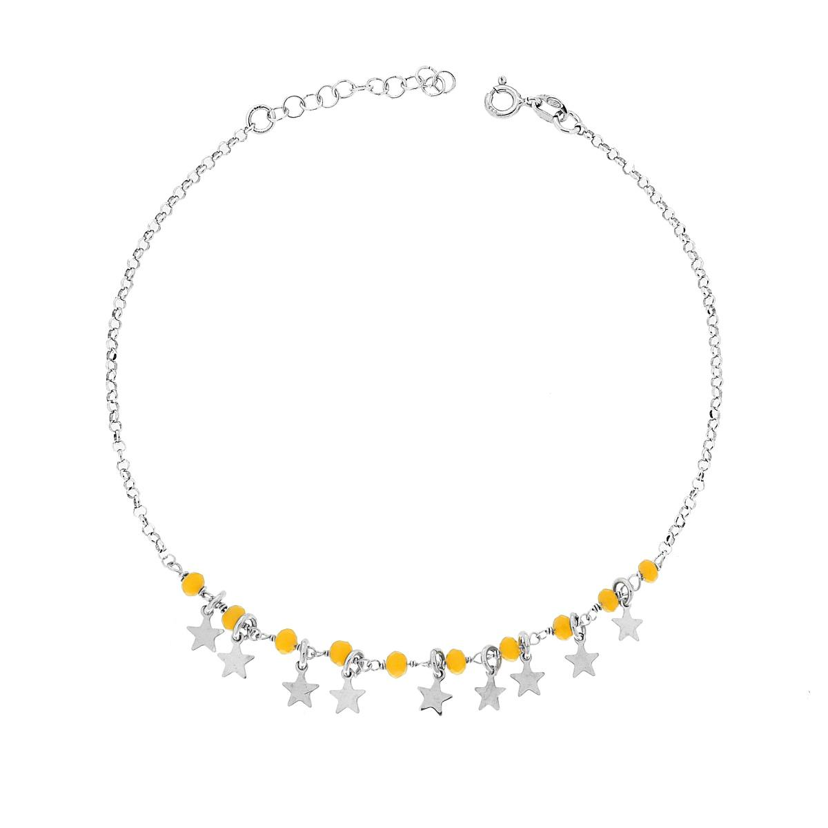 Cavigliera in argento con catena e perline gialle e ciondoli a forma di stella.