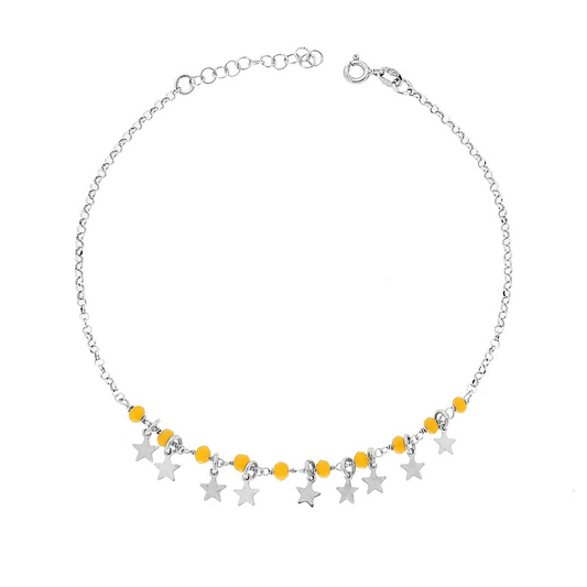 Cavigliera in argento con catena e perline gialle e ciondoli a forma di stella.
