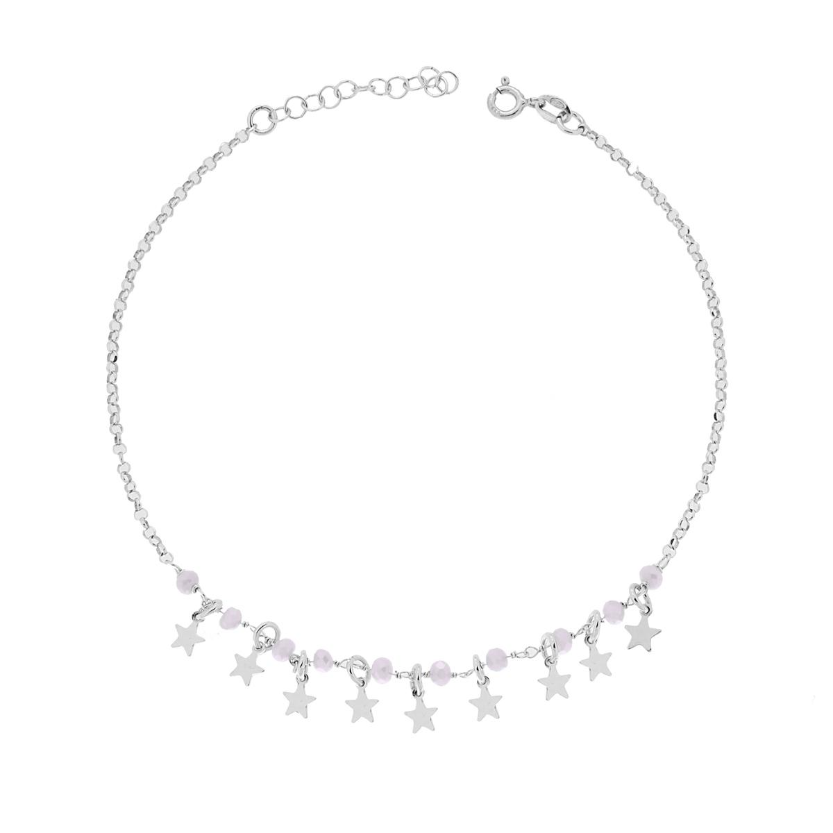Cavigliera in argento con catena e ciondoli a forma di stelle e perline rosa.