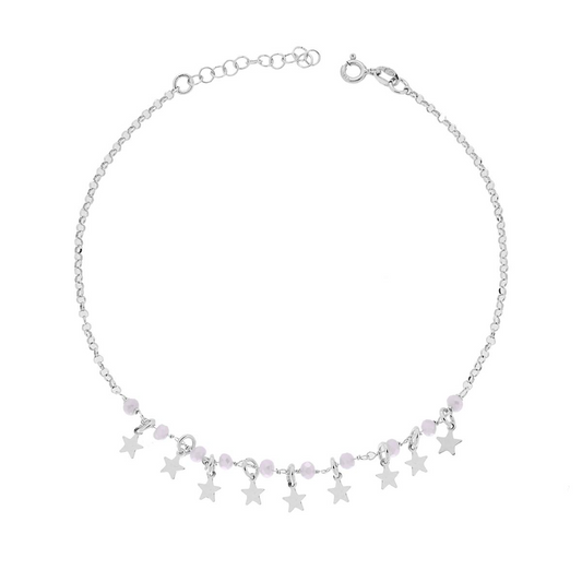 Cavigliera in argento con catena e ciondoli a forma di stelle e perline rosa.