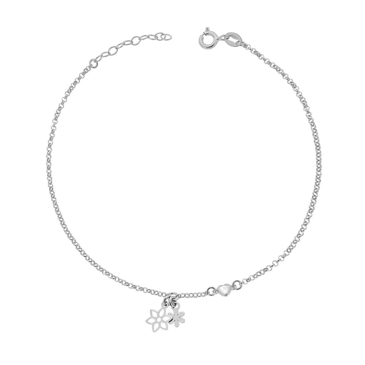 Cavigliera in argento con due piccoli ciondoli a fiore.